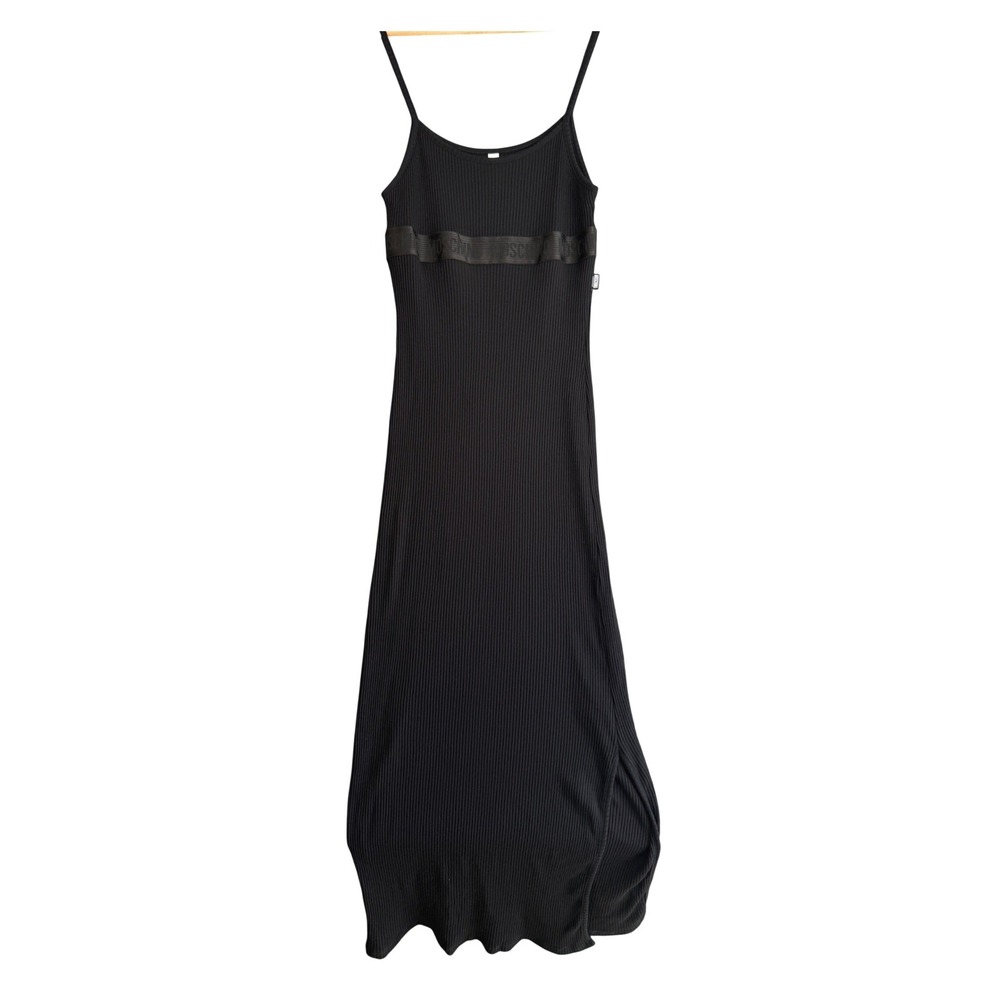 Moschino Underwear Black Logo Ribbed Maxi Slip Dress L Slit 90s Minimalist Logo